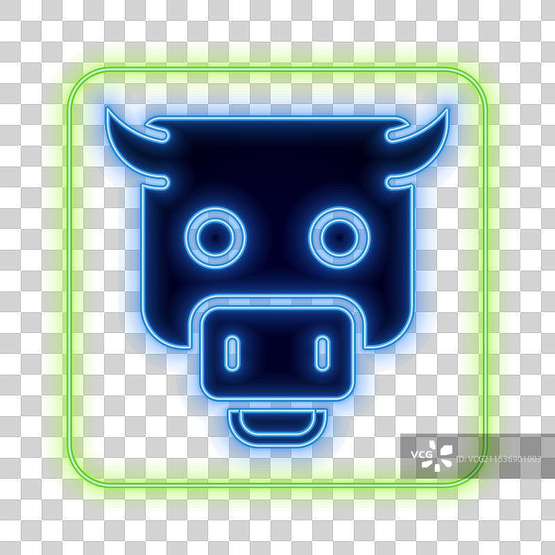 蓝色背景上的发光霓虹牛市图标图片素材