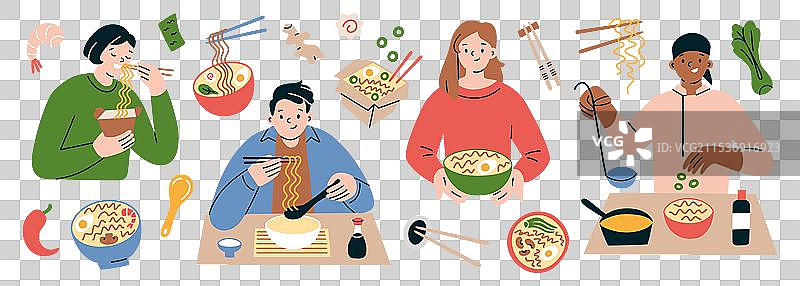 人们在吃拉面和做拉面图片素材