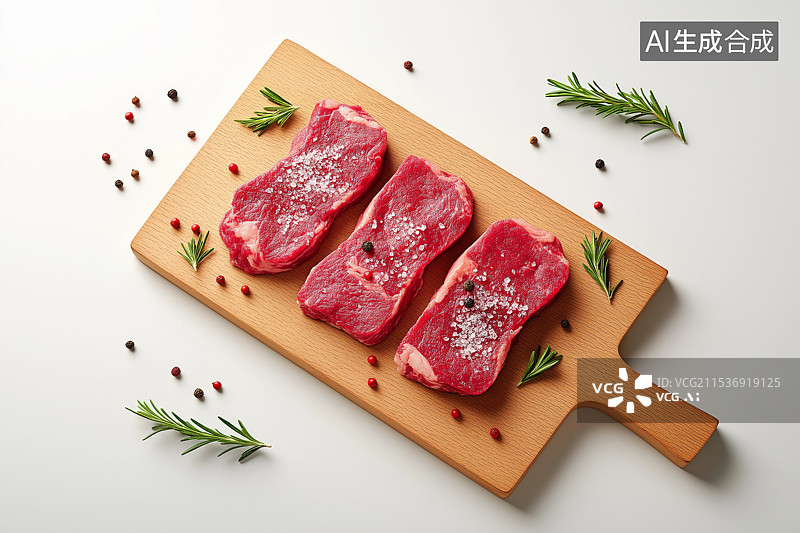 【AI数字艺术】白色背景面板上的新鲜牛排图片素材
