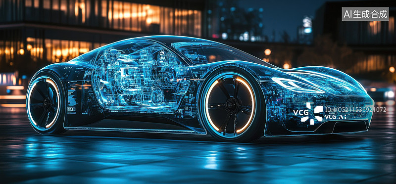 【AI数字艺术】透明新能源电动汽车，智慧交通车联网自动驾驶，未来科技概念背景图片素材