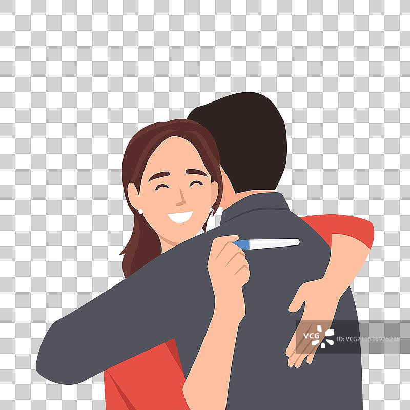 情侣拥抱，手中拿着积极的怀孕测试。图片素材