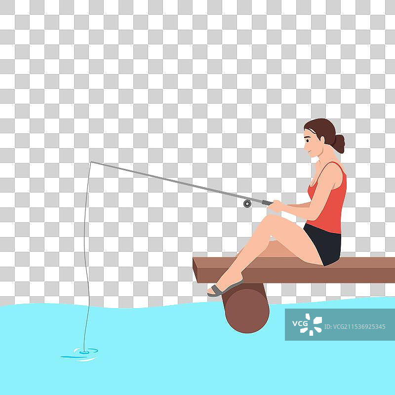 年轻女性在码头上放松钓鱼图片素材