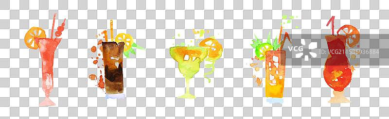 水彩画中的鸡尾酒饮料，装在带吸管的玻璃杯里图片素材