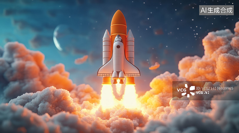 【AI数字艺术】航天飞机火箭发射升空瞬间，世界航天日概念图片素材