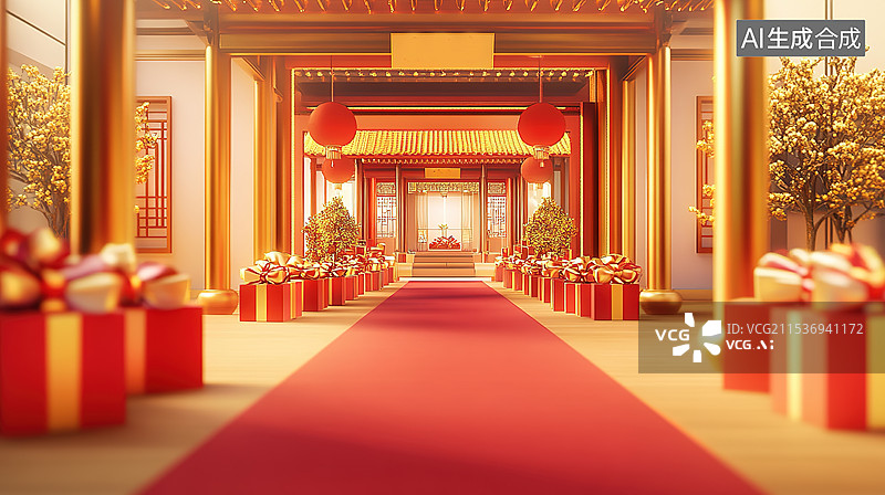【AI数字艺术】2026年的新年海报设计红色和金色渐变的中国艺术风格拱门古建筑红地毯节日礼物3D年货节背景图片素材