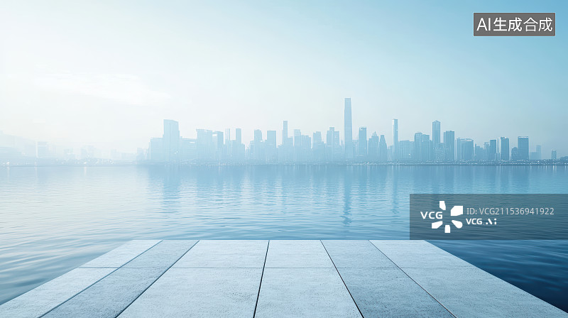 【AI数字艺术】城市天际线与木质平台图片素材