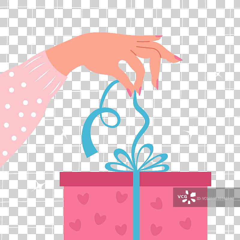 优雅的女性手在粉色礼物上解开蝴蝶结图片素材