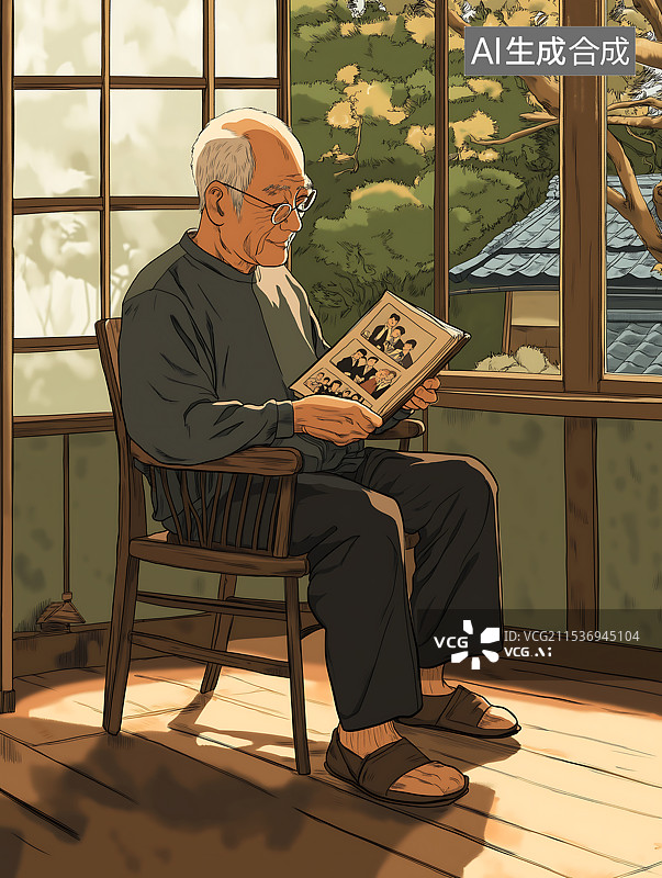 【AI数字艺术】老人在窗前看老照片回忆过去图片素材