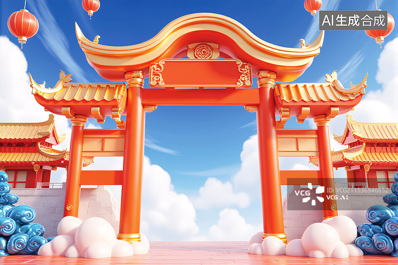 【AI数字艺术】年货节电商类3D场景，传统中国建筑门楼，牌楼，红金主色，灯笼，新年 元旦 元宵节  春节图片素材