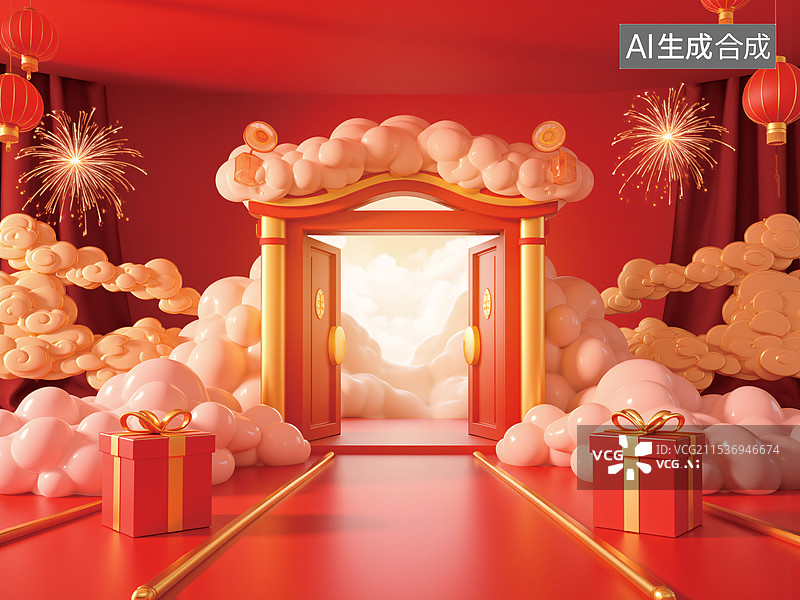 【AI数字艺术】年货节电商类3D场景，传统中国建筑门楼，牌楼，红金主色，灯笼，新年 元旦 元宵节  春节图片素材