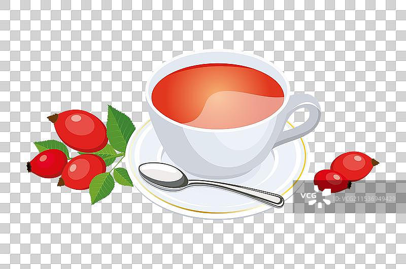 玫瑰果和叶子的茶杯图片素材
