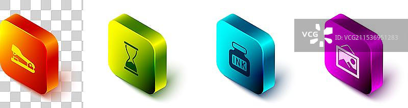 等距的旧订书机、沙漏和墨水瓶图片素材