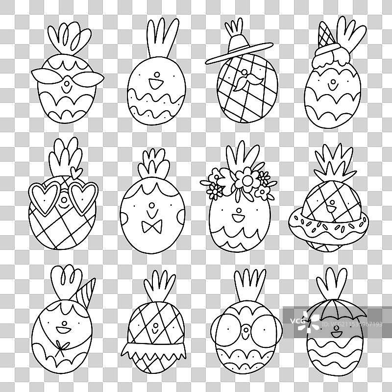 可爱的卡通轮廓菠萝涂鸦套装图片素材