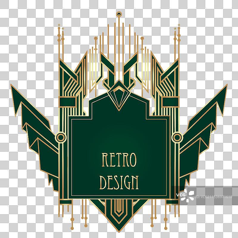 装饰艺术风格的复古金色图案在深绿色背景上图片素材