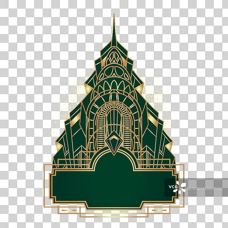 装饰艺术风格的复古金色图案在深绿色背景上图片素材