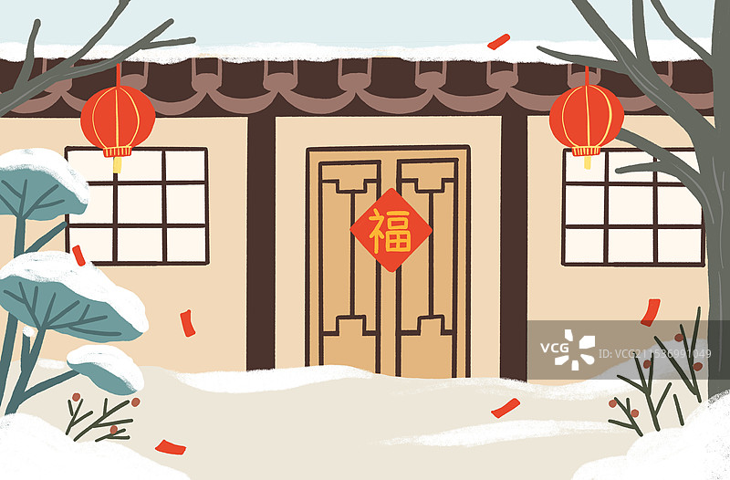 节日冬天屋前风景图片素材