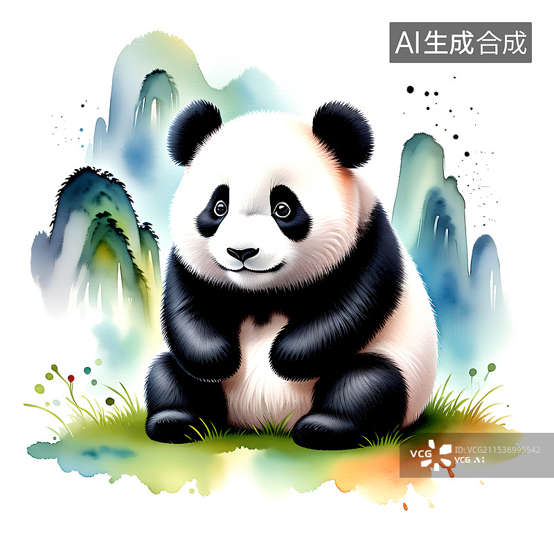 【AI数字艺术】国风插画 坐在地上的大熊猫图片素材