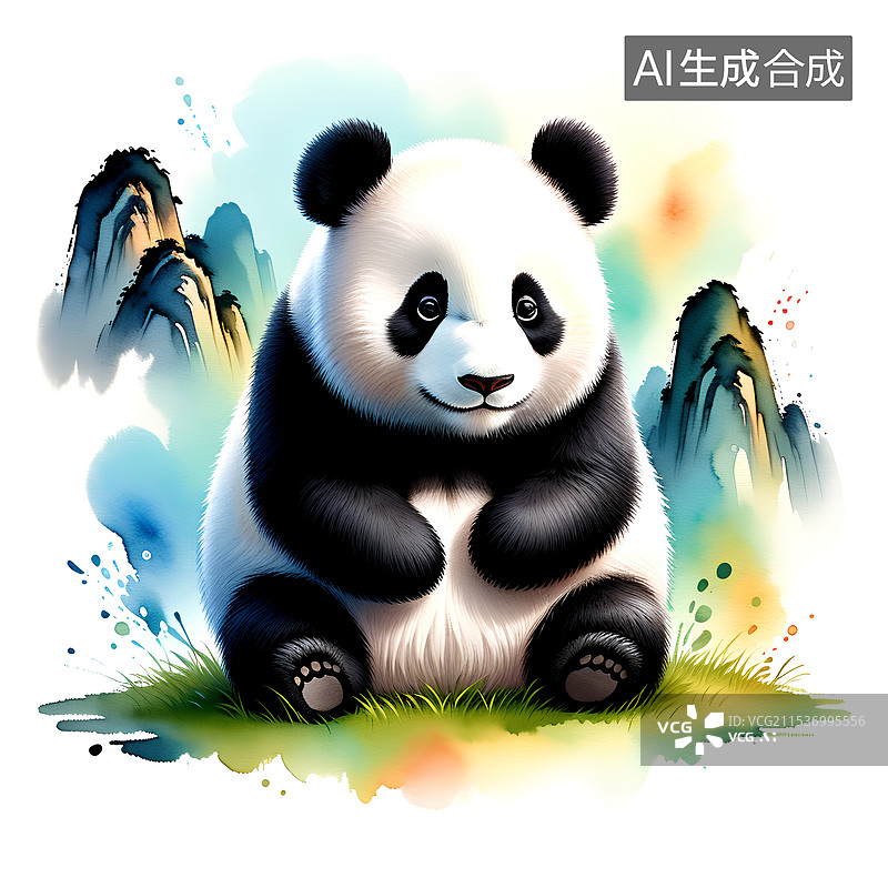 【AI数字艺术】国风插画 坐在地上的大熊猫图片素材