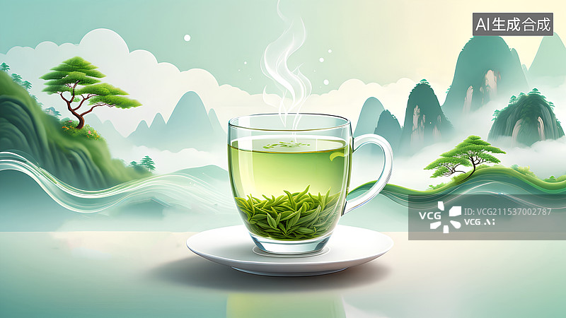 【AI数字艺术】春天里的绿色茶园图片素材