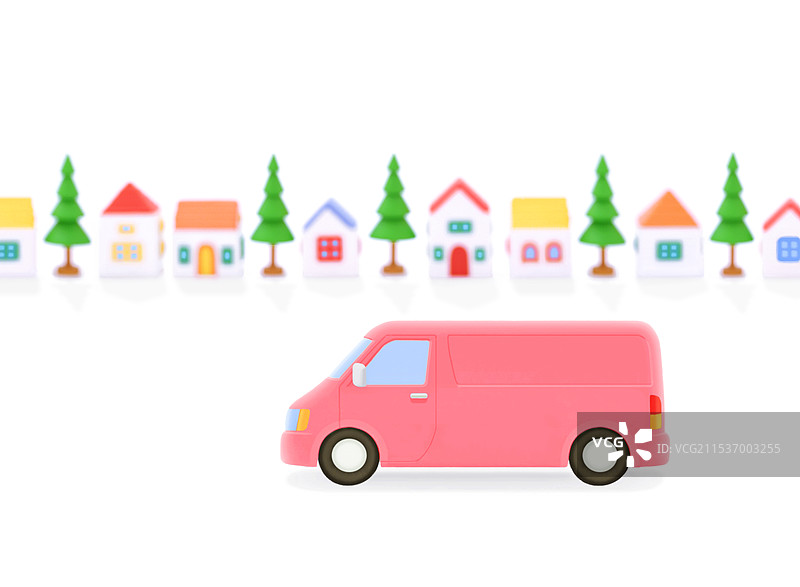 粉色的面包车和房屋图片素材