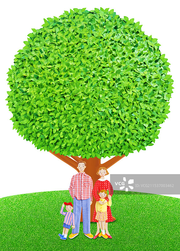 一家四口和一棵大树图片素材