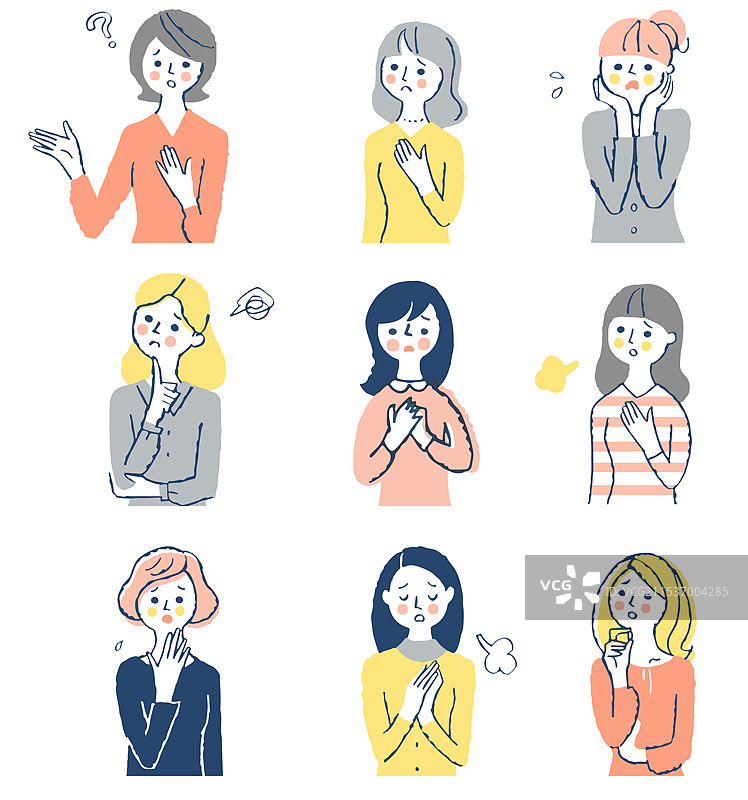 九位困扰的年轻女性组合图片素材