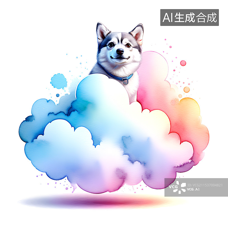 【AI数字艺术】动物主题插画 云朵上的小狗图片素材