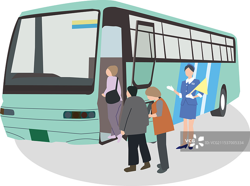 乘客登上公交车及相应的公交导览图片素材