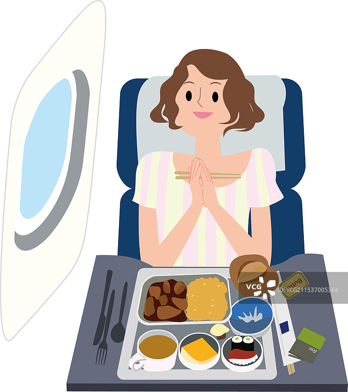 年轻女性在飞机上享用餐食图片素材