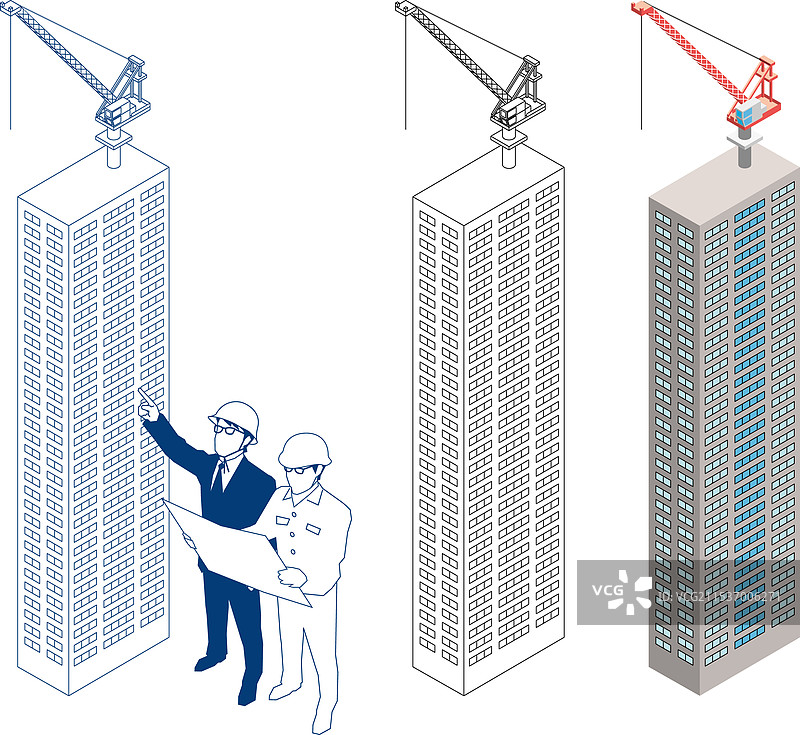 正在建设中的摩天大楼和两名站在工地上的男子图片素材