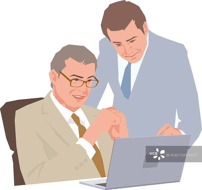 高级老板与中层下属在查看电脑时交谈图片素材