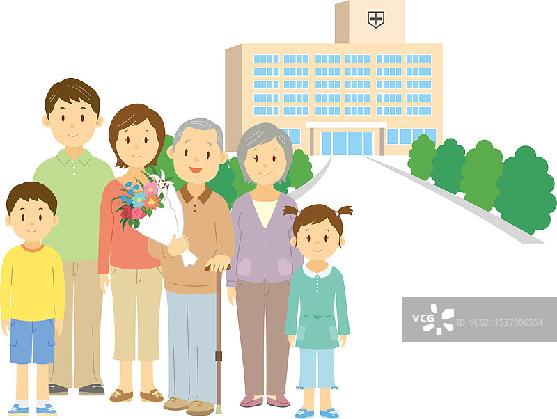 三代同堂的家庭站在医院前面图片素材