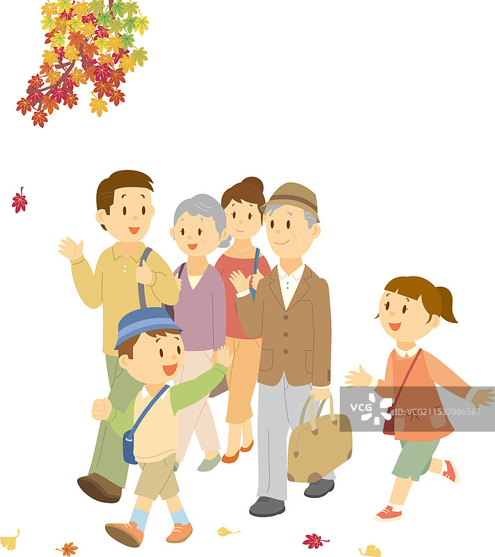 三代同堂的家庭外出欣赏秋天的落叶。图片素材