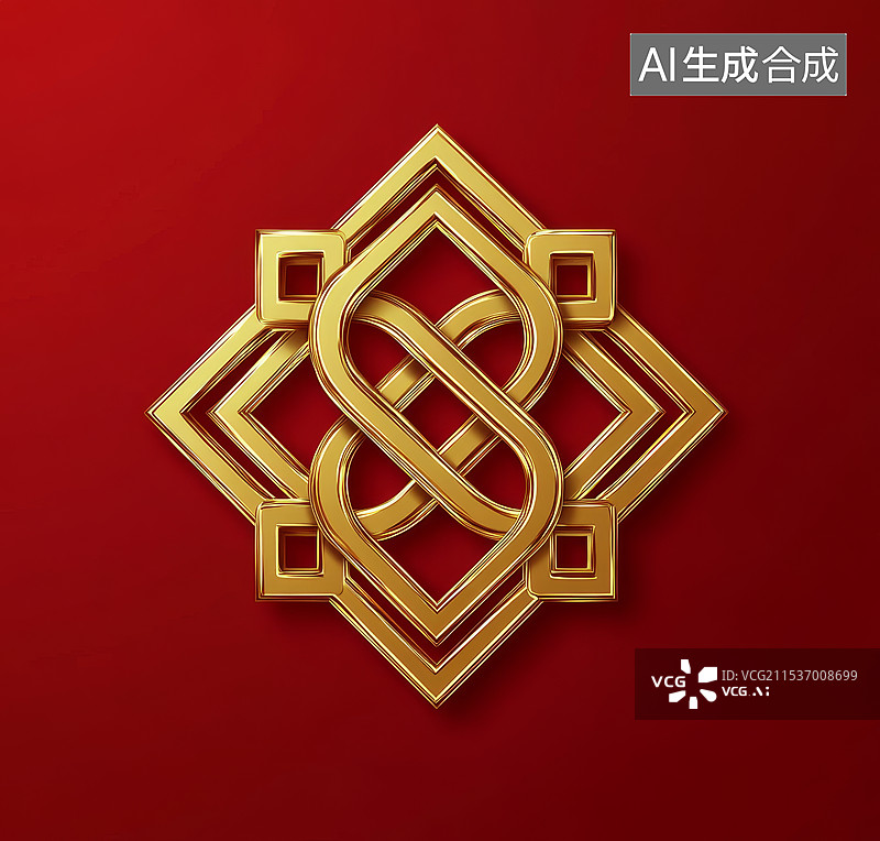 【AI数字艺术】红色背景上的金质中国结图片素材