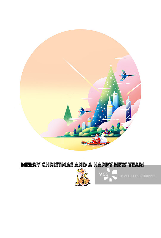 圣诞贺卡，晨光中，圣诞老人正在路上02图片素材