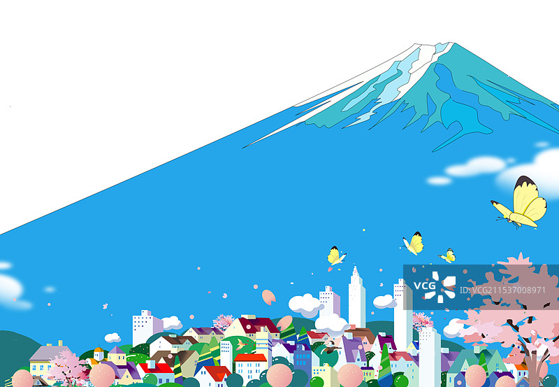 春天的城市与樱花和山脉图片素材