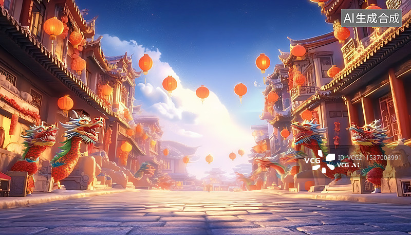 【AI数字艺术】年货节电商类3D场景，传统中国建筑门楼，红金主色，灯笼，新年 元旦 元宵节 春节图片素材