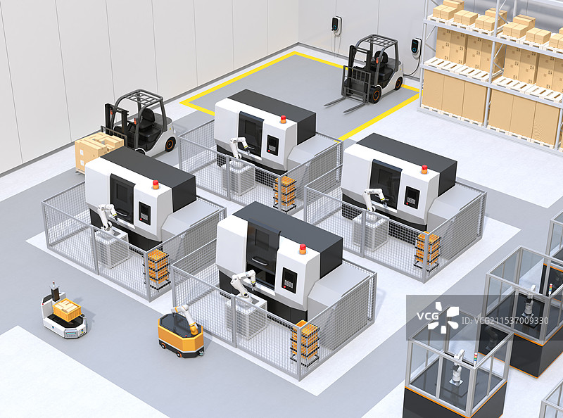 智能工厂的概念图，展示了无人驾驶运输车、加工中心和机器人伺服单元。图片素材