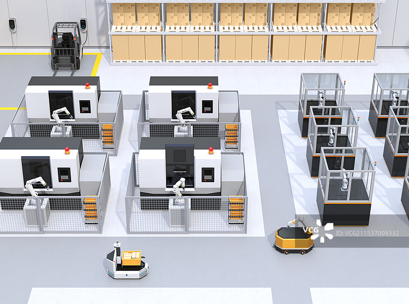 智能工厂的概念图，展示了无人驾驶运输车、加工中心和机器人伺服单元。图片素材