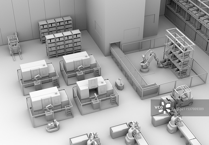 智能工厂的粘土渲染图，配有AGV无人引导车和加工中心图片素材