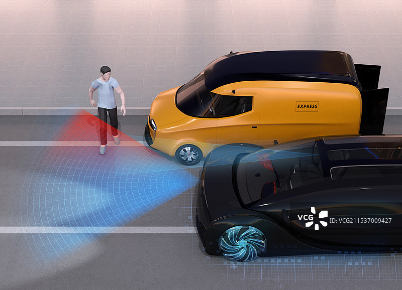 一辆汽车检测到一名行人从停在路边的送货车旁走出，并突然刹车。自动刹车概念图片素材