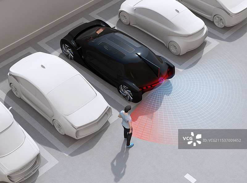 一辆倒车的汽车感知到后方有一个人并停下。先进驾驶系统概念图片素材