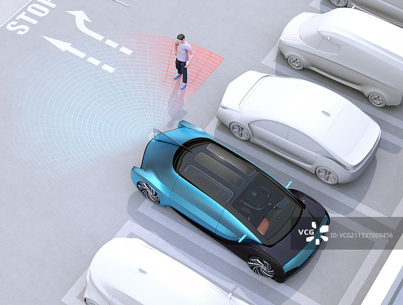 一辆倒车的汽车感知到后方有一个人并停下。先进驾驶系统概念图片素材
