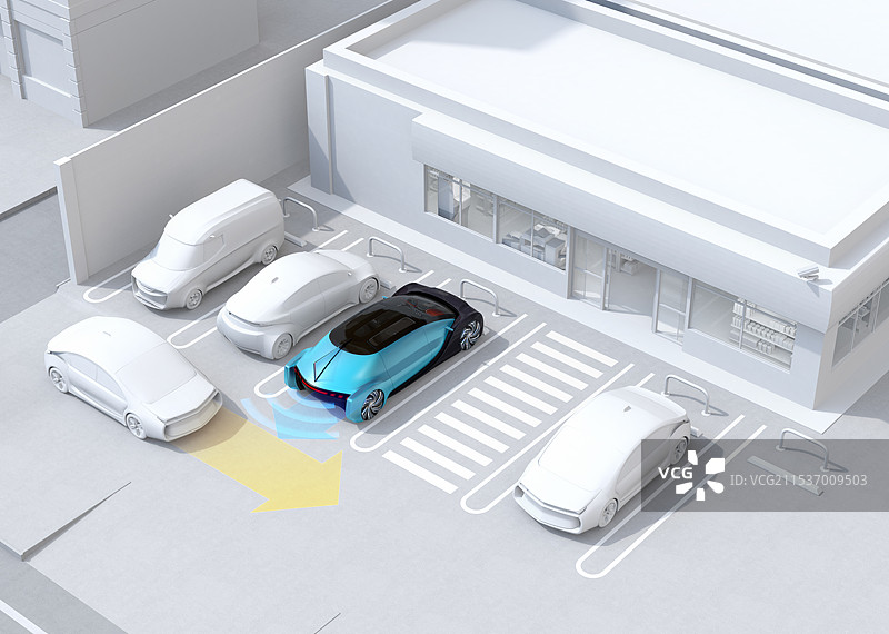 一辆倒车的汽车检测到后方有车驶入并停下。先进驾驶系统概念图片素材