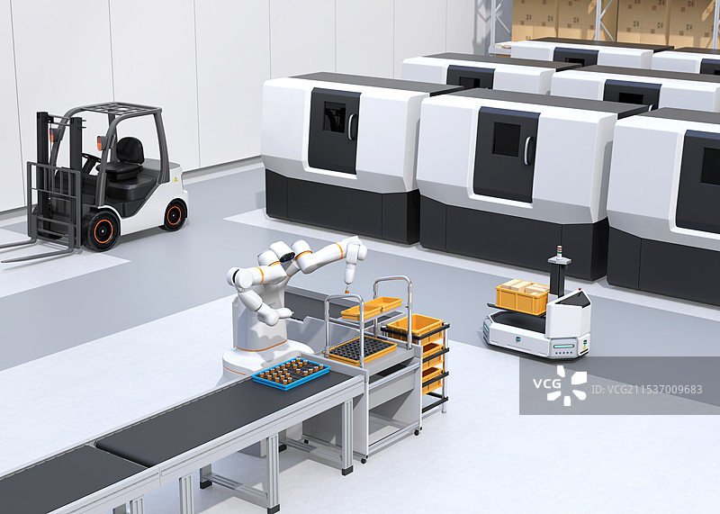智能工厂，配备协作双臂机器人、自动导引车（AGV）、加工中心和自动叉车图片素材