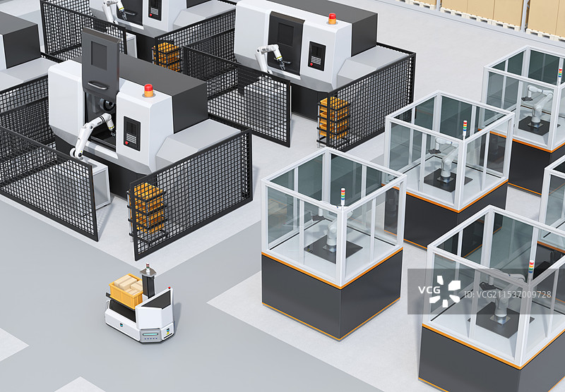 智能工厂的概念图，展示了无人驾驶运输车、加工中心和机器人伺服单元。图片素材