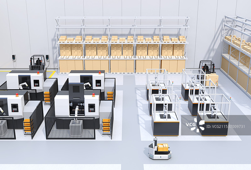 智能工厂的概念图，展示了无人驾驶运输车、加工中心和机器人伺服单元。图片素材