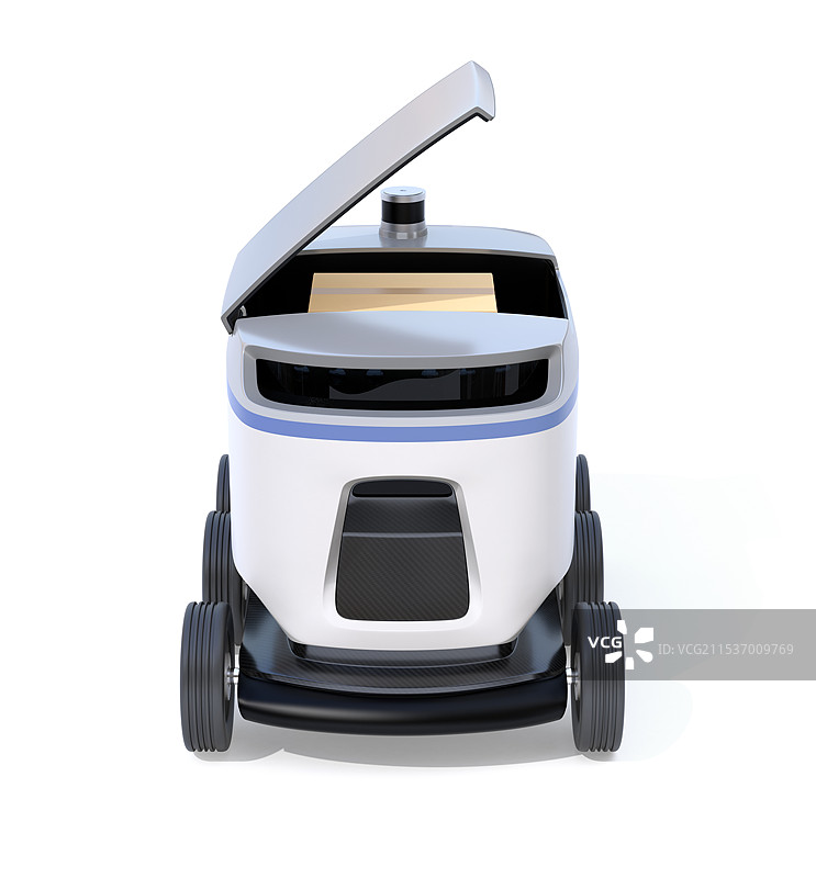 白色背景上的送货机器人前视图。最后一公里概念图片素材