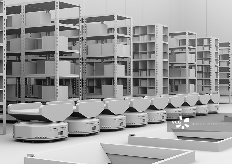 AMR自主合作机器人在货架前进行分类的粘土渲染图图片素材