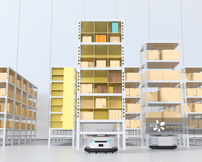 概念图：一款AMR自主协作机器人正在搬运产品货架图片素材